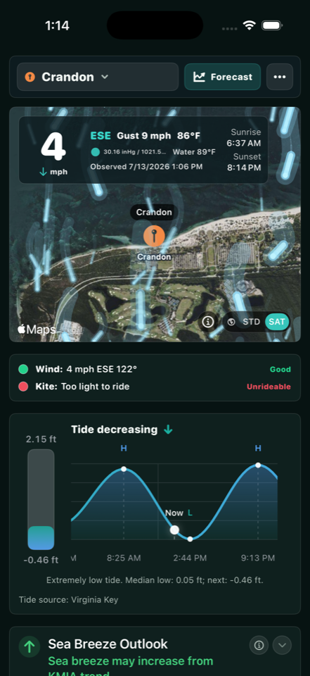 WindSage iPhone app showing Crandon wind, map, tide, and sea breeze outlook.